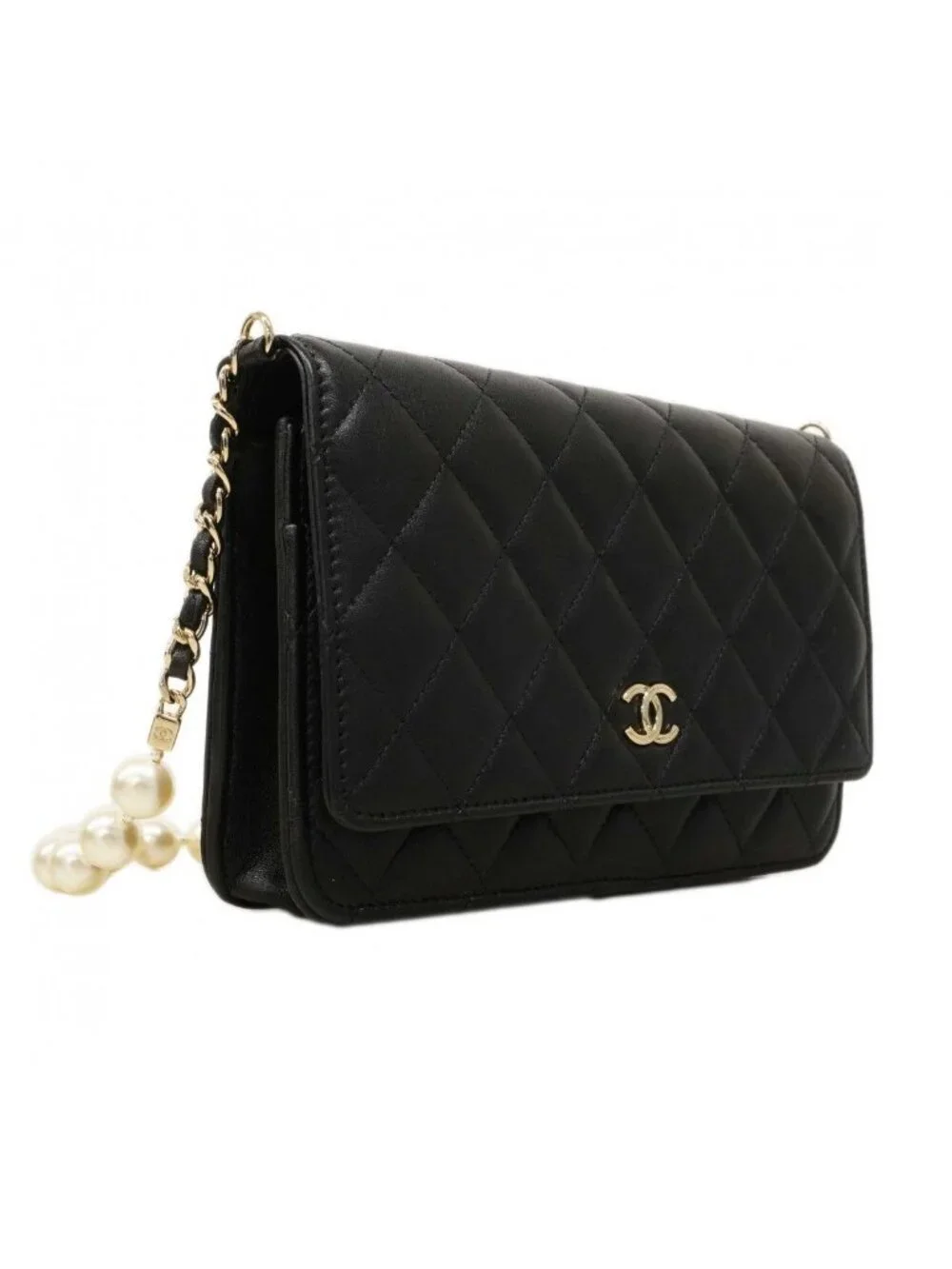 ★SOLD★ Chanel Shoulder Wallet Quilted Pearl Lambskin Black Champagne Gold - Picture 2 of 10